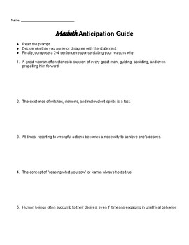 Literature: Macbeth Anticipation Guide for Engaging Shakespearean Exploration