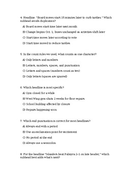 Journalism: Headlines & Subheads Quiz & Answer Key | Grades 9-12