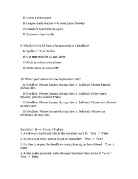 Journalism: Headlines & Subheads Quiz & Answer Key | Grades 9-12