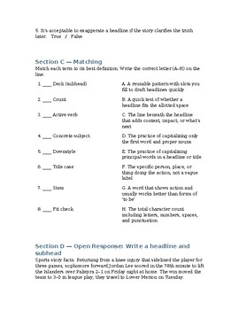 Journalism: Headlines & Subheads Quiz & Answer Key | Grades 9-12