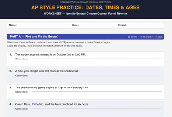 Journalism: AP Style Dates, Times & Ages | Worksheet & Answer Key