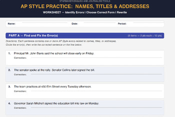 Journalism: AP Style Names, Titles & Addresses | Worksheet & Key