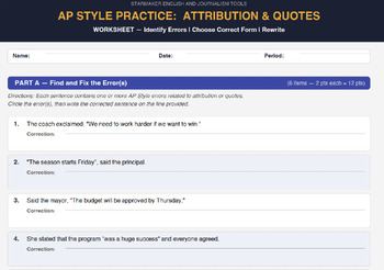 Journalism: AP Style Attribution & Quotes | Worksheet & Answer Key
