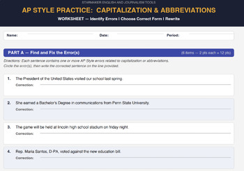 Journalism: AP Style Capitalization & Abbreviations | Worksheet