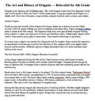 Origami Reading & Comprehension: Japanese Art, Culture, 3 Grade Levels